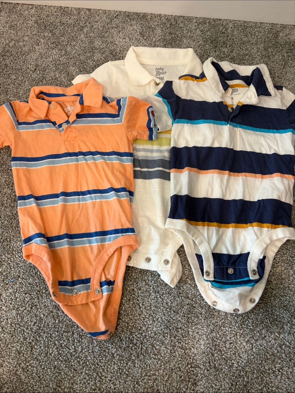 3 OshKosh B'gosh Striped Polo Bodysuits in Orange, White, Navy